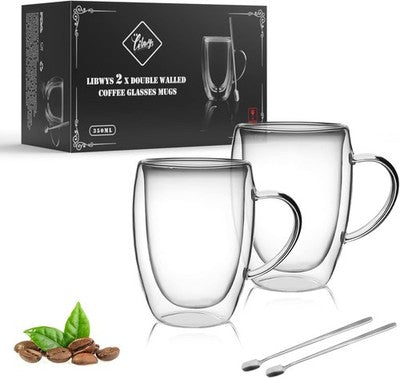 LIBWYS 4 Pack Double Walled Coffee Cups with 4 Spoons 350ML Heat Resistant Mugs