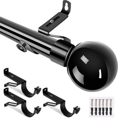 Adjustable Black Curtain Pole 50-230cm 28mm Single Rod with Brackets