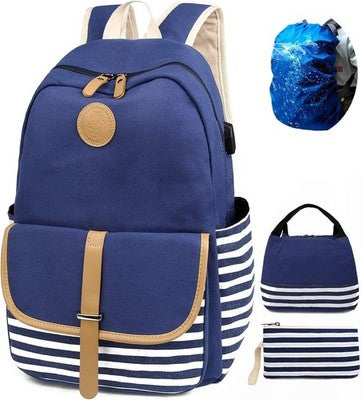 SCIONE Large School Backpack Laptop Bag USB Charging Port Blue + Pencil Case