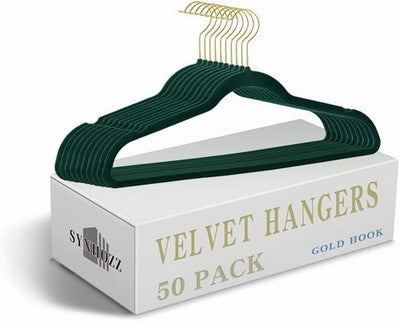 SYNHOZZ Green Velvet Hangers Non-Slip Felt Space Saving Gold Hook 50 Pack