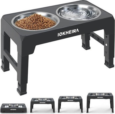 IOKHEIRA Raised Dog Bowls Adjustable Stand 2x1200ml + Slow Feeder Bowl Large