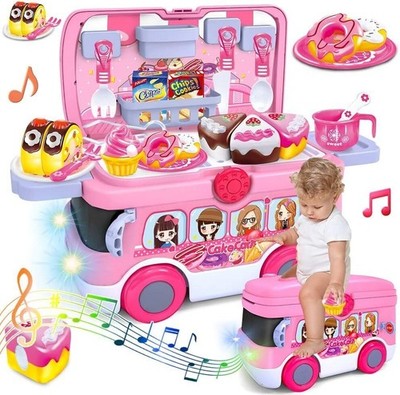 Vatos 3-In-1 Play Food Kitchen Set - Tea Set, Car Truck, Storage Box For Girls