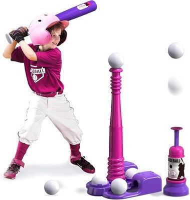 QDRAGON 2-in-1 Kids T-Ball Set Auto Pitching Machine Adjustable Tee Pink 3-8