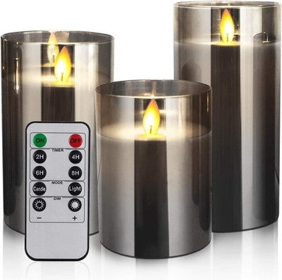 LED Flameless Candles Set of 3 Real Wax Remote Timer Starlight String Grey