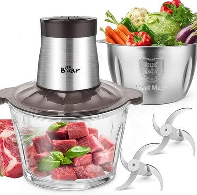 Bear 2L Food Processor 300W Electric Chopper Glass Bowl 4 Blades Veg Meat
