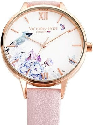 Victoria Hyde Women's Quartz Watch Floral Bird Dial Leather Strap