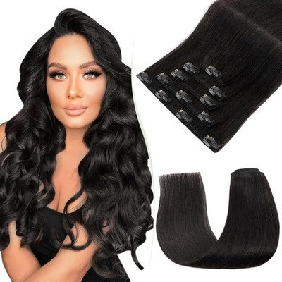 TESS Clip In Hair Extensions Real Human Hair 5PCS #1B Natural Black 14in 60g