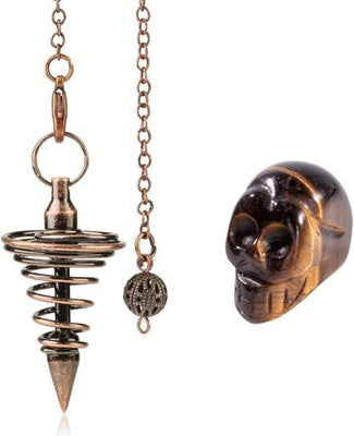 Soulnioi Yellow Tiger'S Eye Skull Statue + Gold-Plated Spiral Pendulum