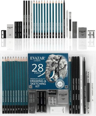 EVAZAR London Sketching & Drawing Art Set 28pc Charcoal Graphite Pencils Kit