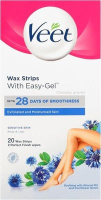 Veet Easy-Gel Cold Wax Strips For Sensitive Skin, Body & Legs (20+4 Wipes)