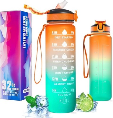 Sakerin 1L Leak-Proof Water Bottle With Straw & Time Marker, Bpa Free