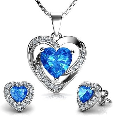 DEPHINI Blue Heart Necklace & Earrings Set 925 Silver Aqua CZ 18in Chain