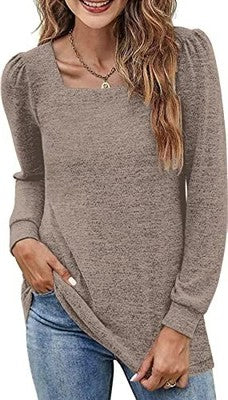 CNFUFEN Womens Long Sleeve Square Neck Casual Top Khaki UK 20