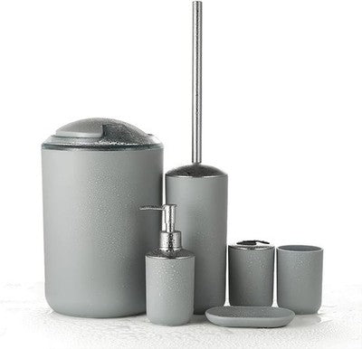 JOTOM 6pc Bathroom Accessory Set Soap Dish Brush Bin Toothbrush Holder Grey