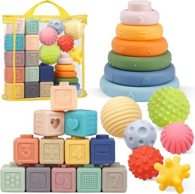 24 Pack Montessori Baby Soft Blocks Sensory Teethers Numbers Shapes 6M+