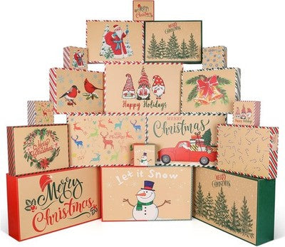 Giiffu 18 Kraft Christmas Gift Boxes 4 Sizes 12 Designs Tags Stickers Set