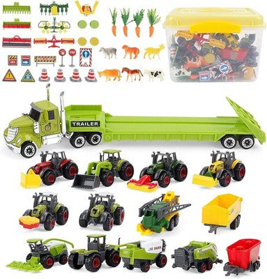 deAO Farm Tractor Diecast Set: Harvester+Trailer+Animals+Box Age 3+