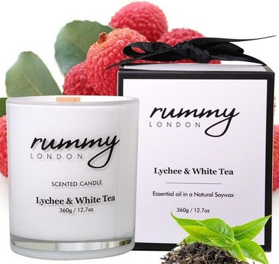 Rummy London Luxury Lychee & White Tea Scented Candle, Aromatherapy, Gift Box