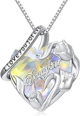 Sterling Silver April Birthstone Crystal Heart Pendant Daughter Necklace