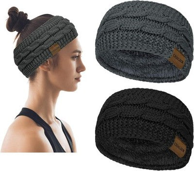 2X Winter Cable Knit Ear Warmer Headbands Thermal Twist - Black/Grey