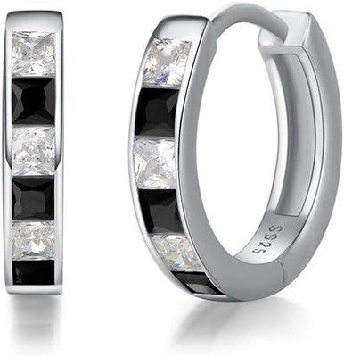 925 Silver Creole Huggie Earrings 15mm - White/Black Cubic Zirconia