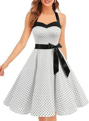 DRESSTELLS 1950s Vintage Halter Polka Dot Rockabilly Dress White Black Dot XL