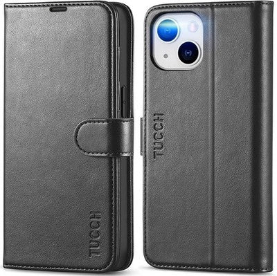 TUCCH iPhone 14 6.1 2022 5G Magnetic PU Wallet Case RFID Wrist Strap Purple