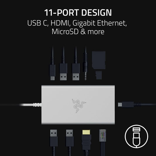 Razer USB-C Dock - 11-Port, HDMI 4K, Gigabit Ethernet, Mercury