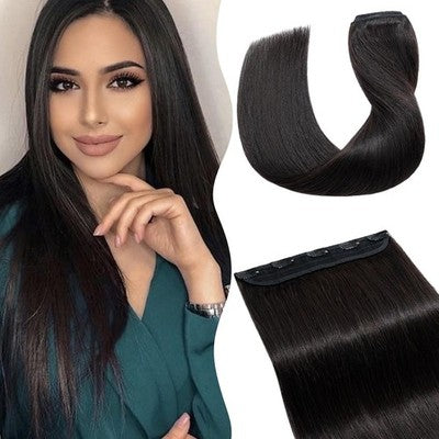TESS Clip In Hair Extensions Black 18 Inch 50g #1B Natural Human Hair Piece