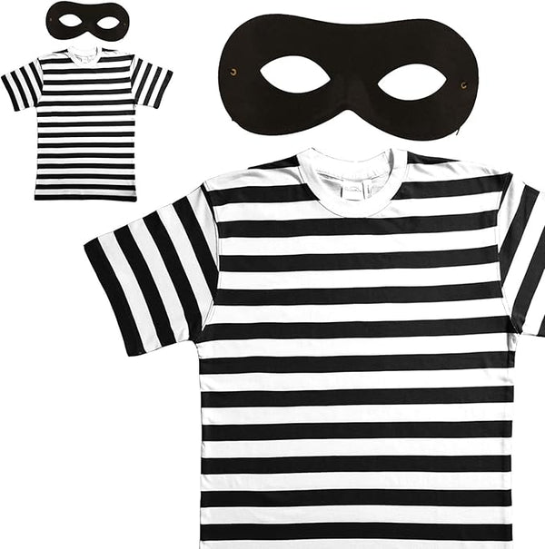 Burglar Robber Thief 2 PC Costume Set Black Eye Mask & Striped T-Shirt - XL - Rebx.co.uk