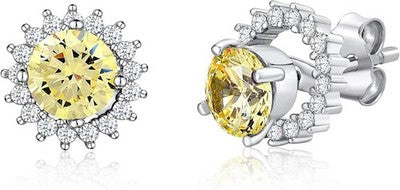 MASSETE 925 Silver CZ Halo Stud Earrings Light Yellow + Jacket