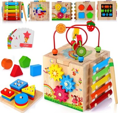 HELLOWOOD Wooden Activity Cube 8-in-1 Montessori STEM Toy for Toddlers