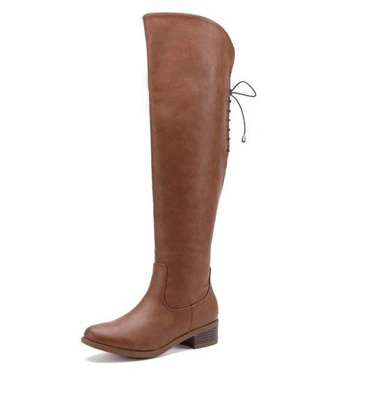 EETTARO Knee High Riding Boots Block Low Heel Camel Pu Winter Shoes UK 3.5