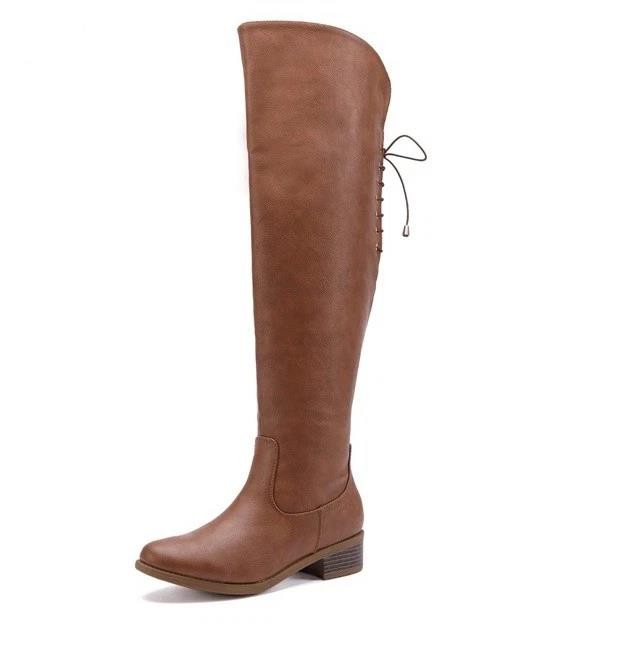 EETTARO Knee High Riding Boots Block Low Heel Camel Pu Winter Shoes UK 3.5