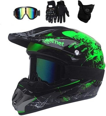 Youth Motocross Helmet Green S 52-53cm + Goggles Mask Gloves Full Face