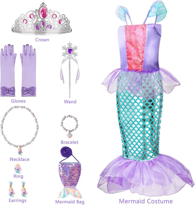 Little Mermaid Costume Kids, Princess Costumes for Girls Gift Aged 5-6