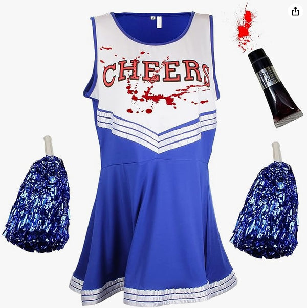 Cheerleader Costume Women Halloween Costumes for Women Cheerleader Halloween Costume Adult Zombie Cheerleader Halloween Costume for Women Dead Cheerleader with Blood Tube - XSmall - blue - Rebx.co.uk