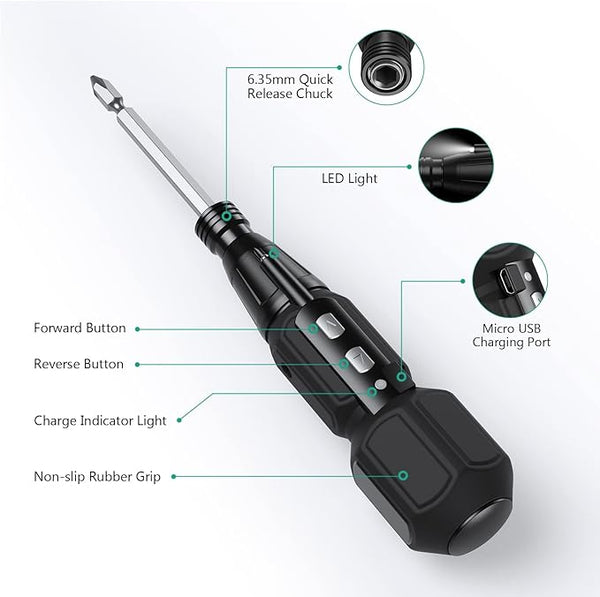 MICRO CORDLESS ELECTRIC SCREWDRIVER RECHARGEABLE USB, 9 MAGNETIC ENDS HOME DIY - Rebx.co.uk