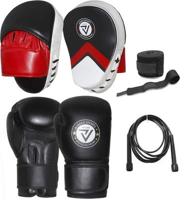 Rex Leather Boxing Punching Pads + Bag Gloves Set w/ Wraps & Skipping Rope