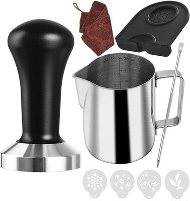 51mm Coffee Tamper Set Espresso Tamper Mat 350ml Milk Jug Towel Stencils Pen