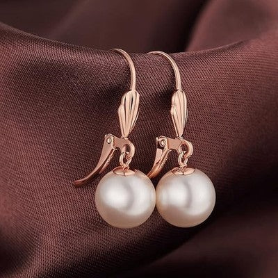 Rose Gold Pearl Leverback Earrings Diamond Drop Dangle White Pearl Women