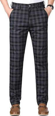 Yukirtiq Mens Tweed Check Stretch Trousers Slim Fit Retro Black Chino Pants