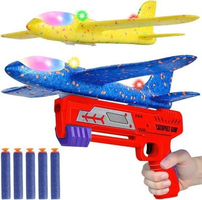 Red Foam Airplane Launcher Toy Glider Plane + Catapult Gun Kids Age 3-12