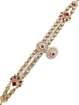 TOF Rajasthani Gold Plated Matha Patti Sheeshphool Borla Red Medium