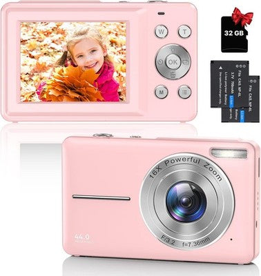 1080P 44MP Digital Camera Kids Adult 32GB Card 16X Zoom Rechargeable Pink