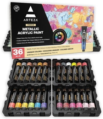 ARTEZA Metallic Acrylic Paint Set 36 Colours 22ml Tubes with Storage Box