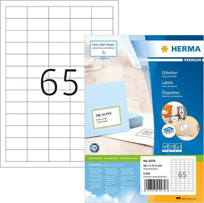 HERMA Self Adhesive Labels 65 per Sheet 6500 Labels A4 Laser Inkjet 38.1x21.2mm