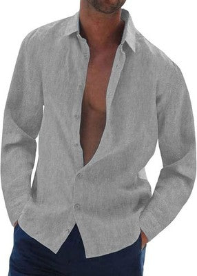 Halfword Men's Linen Cotton Long Sleeve Button Down Beach Shirt Grey XL