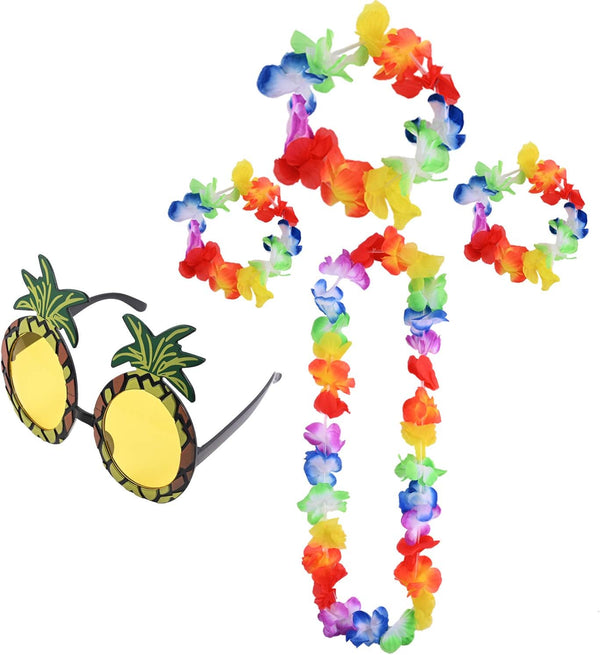 5 PCS Hawaiian Fancy Dress Set with Hawaiian Garlands Pineapple Sunglasses - Rebx.co.uk