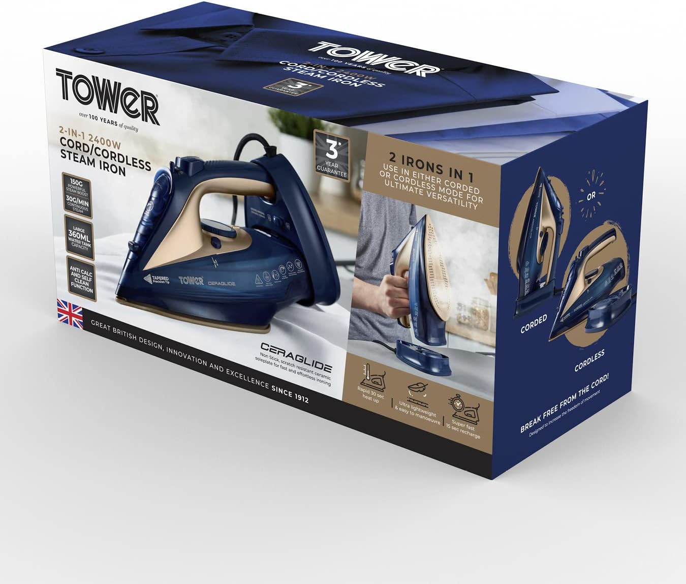 Tower T22008BLG CeraGlide Cordless Steam Iron, Blue and Rose Gold 